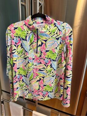 IBKUL Women's Long-Sleeve Tropical Quarter-Zip Top - Pink, Green & Blue